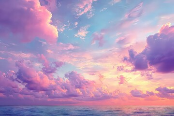 Vibrant Sunset Sky Over Calm Water Featuring Pink and Blue Clouds with Soft Lighting