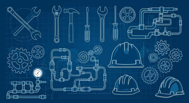 Blueprint style construction tools including wrenches screwdrivers and hard hats vector illustration for engineering and building designs - Powered by Adobe