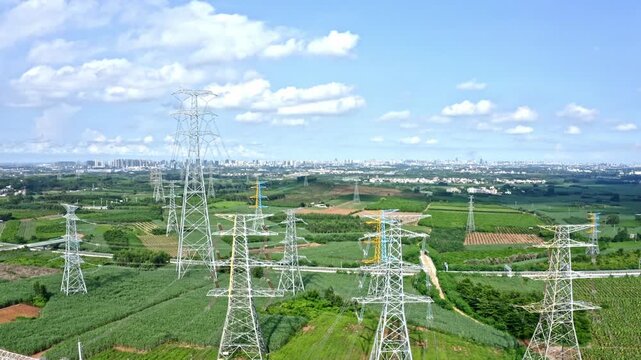 Power Grid Transmission Towers Aerial View Zhanjiang Southern China Electrical Infrastructure