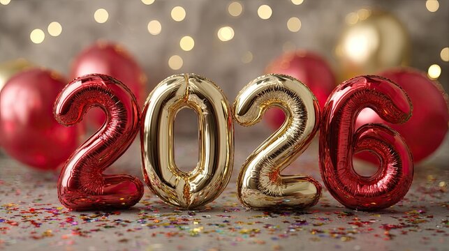 Golden foil balloons forming number 2026 with red and pink Christmas ornaments on elegant gray backdrop, twinkling lights creating warm festive atmosphere for New Year celebration.