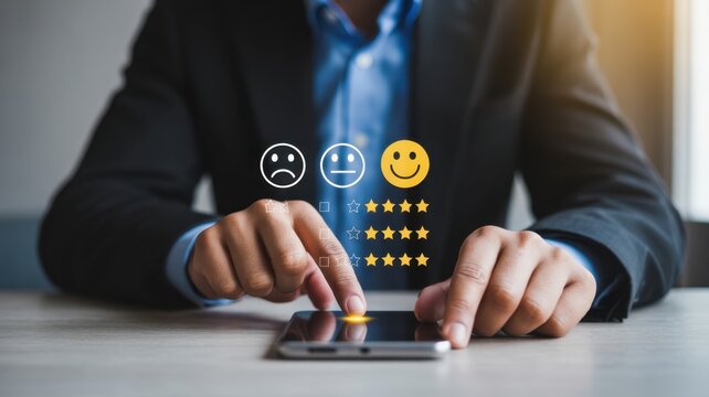 Customer Feedback Experience: a professional is engaging with a digital interface, making customer satisfaction feedback about the customer experience with a simple click.