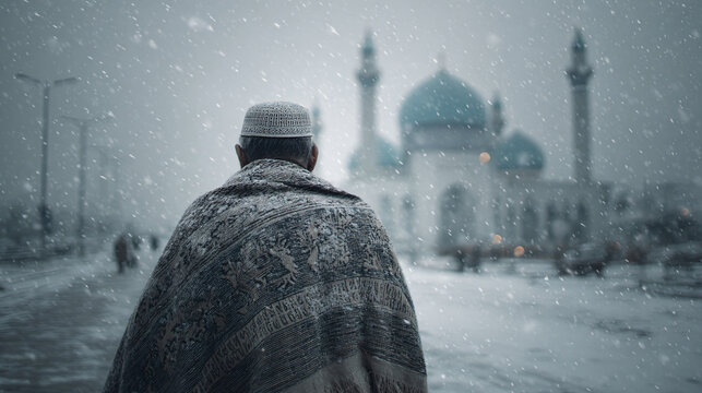Man facing mosque during a winter storm inspiring peace and reflection concept