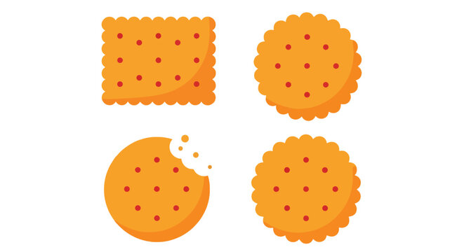 Vector illustration set of delicious crispy orange round and square biscuits with red sprinkles, one with a bite taken out, perfect for snack, bakery, or dessert designs.