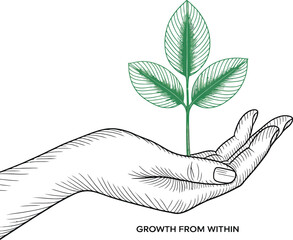 Hand Holding Plant with Growth From Within Text seedling