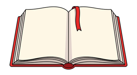 Open book illustration with blank, cream-colored pages and a bold red cover, featuring a matching red bookmark, symbolizing education, knowledge, learning, stories, and new narratives.