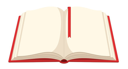 Opened book with blank cream pages, vibrant red cover, classic red ribbon bookmark, perfect template for custom text, illustration, education, stories, learning, knowledge, isolated on white.