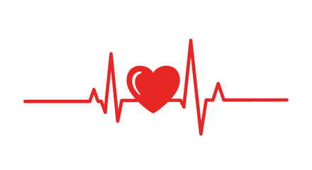 Red heartbeat line with a vibrant heart symbol at its center, representing vital signs, medical health, love, and care, isolated for clear graphic illustration and conceptual design projects.