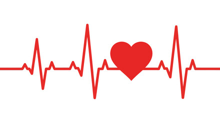 Electrocardiogram heartbeat pulse line with a vibrant red heart symbol illustrating vital life signs, cardiovascular health, love, care, medical monitoring, and wellness concept