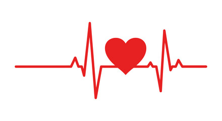Red heartbeat line with a prominent heart symbol in the center, illustrating vital life signs, cardiovascular health, medical concepts, and passion on a clean white background.