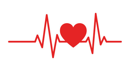 Red heart pulse line icon, graphic representation of heart rate or electrocardiogram (ecg) on a white background, symbolizing health, love, vital signs, medical care, and wellness.