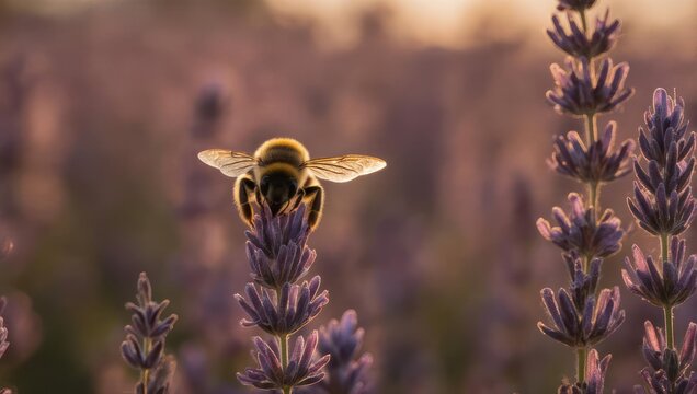 Close up of a bee collecting nectar from a lavender flower in a field at sunset. - Powered by Adobe