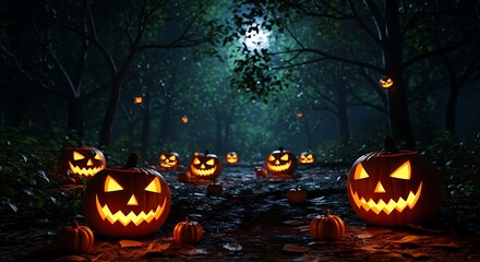 Spooky Halloween Night Forest Scene with Jack O Lanterns Display