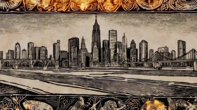 A black and white cityscape with ornate borders