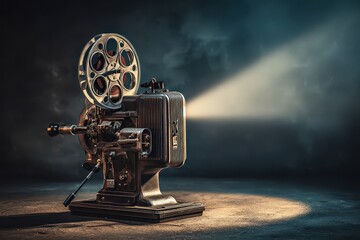 Vintage Film Projector Illuminated Beam Of Light And Smoke On Dark Blue Background