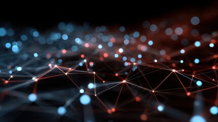 Abstract glowing network of interconnected nodes and lines in red and blue against a dark background