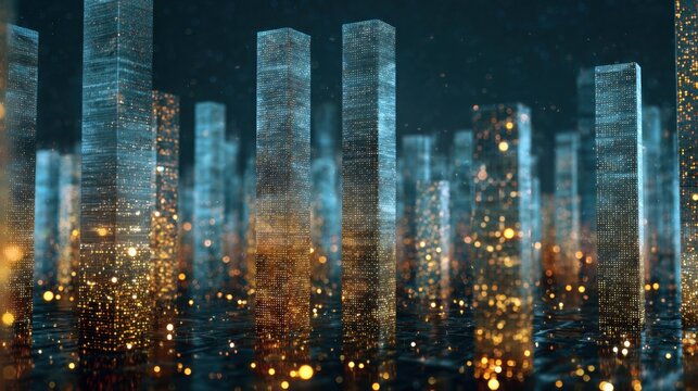 Abstract glowing skyscrapers in a dark digital cityscape with bokeh lights
