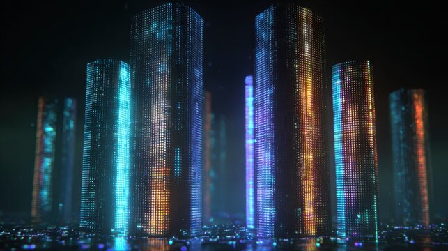 Futuristic cityscape with abstract towers illuminated by vibrant blue purple and orange digital lights at night