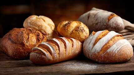 Assortment of freshly baked artisan breads including loaves and rolls on a rustic wooden surface