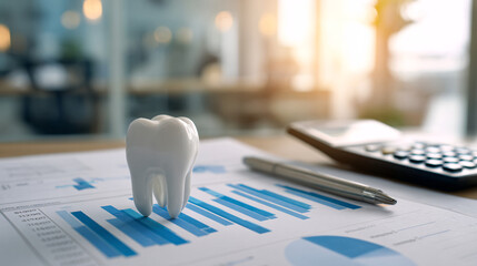 Analyze dental costs with charts, pen, and calculator in bright office setting