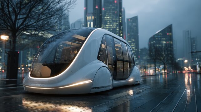 Sleek autonomous pod vehicle on a wet reflective city street at night with modern skyscrapers - Powered by Adobe