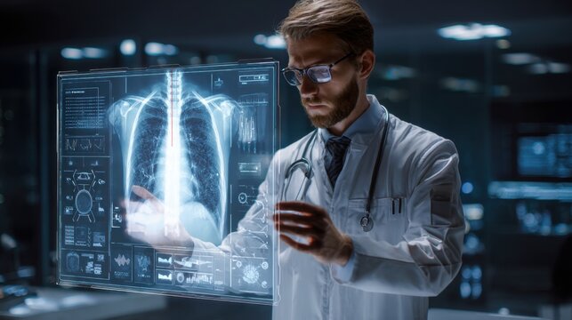 Physician examines holographic chest x ray with digital data interface