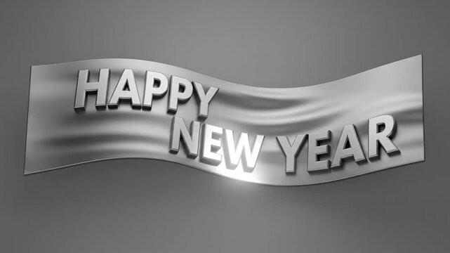 Elegant silver metallic happy new year message banner wave on soft gray backdrop