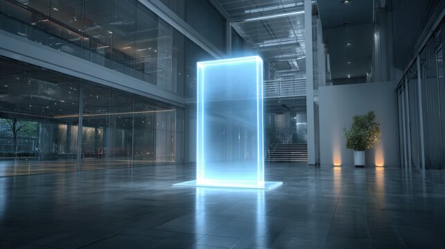 Futuristic glowing blue portal inside a modern glass building lobby with reflective floors and plant