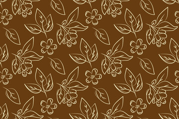 Seamless linear floral pattern featuring delicate line art of leaves and flowers on a brown background. Ideal for textiles, wallpapers, and creative design projects. Vector illustration.