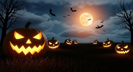 Spooky Halloween night with pumpkins bats and full moon background