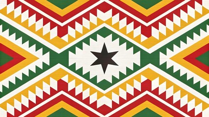 A colorful geometric pattern with tribal and ethnic influences creates an abstract decorative background