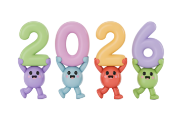 Cute 3d characters holding colorful 2026 numbers, new year event.