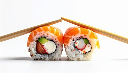 Two sushi rolls held by chopsticks, filled with avocado, cucumber, imitation crab, and topped with salmon and tuna slices on white background.