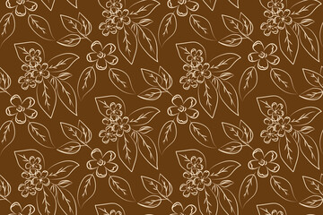 Fototapeta premium Floral contour Pattern on Brown Background Vector Illustration
