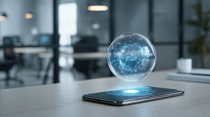 Futuristic holographic sphere displaying glowing particles above a smartphone on a desk