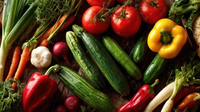 A vibrant assortment of fresh whole vegetables including tomatoes peppers cucumbers carrots leeks garlic and radishes - Powered by Adobe