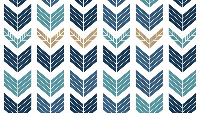 A seamless geometric pattern features arrows and leaves in shades of blue, teal, and gold against a white background