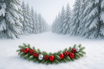 Winter snowy forest scene with christmas garland and holiday decorations