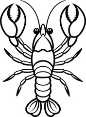 Detailed black and white line drawing illustration of a crawfish or crayfish viewed from above with claws raised