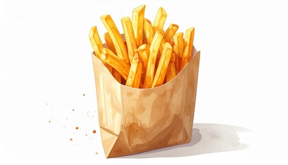 Golden French fries in slightly crumpled brown paper container with scattered crumbs, plain white background.