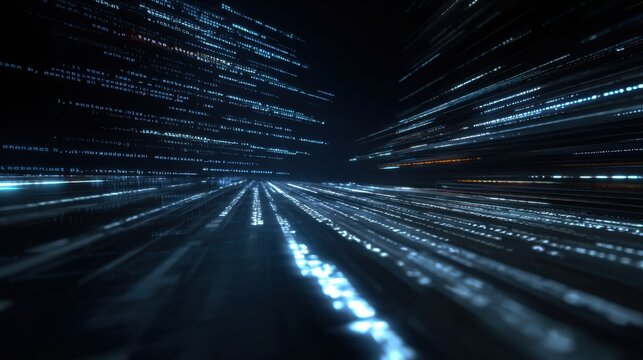 Digital data streams and code flowing through a dark abstract virtual space with glowing lines