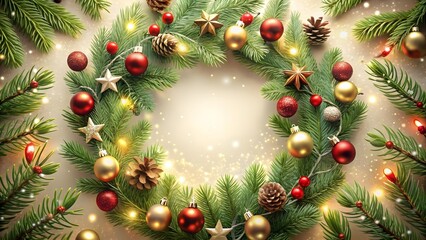 A festive christmas wreath adorned with ornaments, pine cones, and twinkling lights, creating a warm and inviting holiday scene