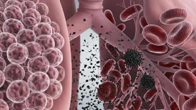 Human anatomy showing respiratory system with black particles flow