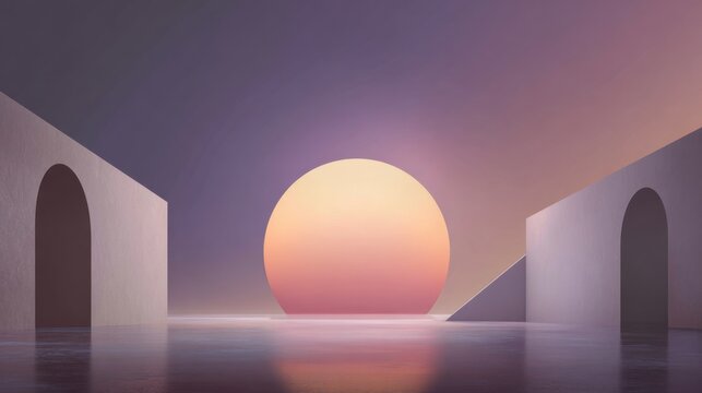 Abstract architectural structures with a large glowing orb against a gradient sky