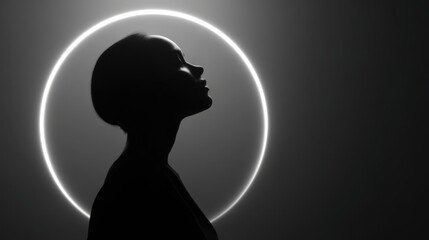 Silhouette profile of a woman's head framed by a bright glowing circle on a dark background