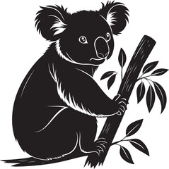 Cute Koala Bear Silhouette Vector Holding Eucalyptus Branch | Cartoon Animal Illustration