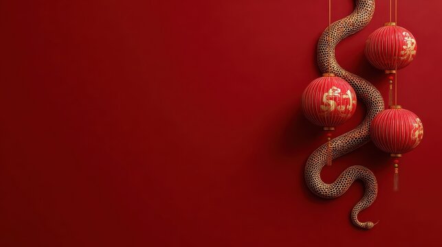 copy space chinese lanterns with traditional asian symbols on red background for lunar new year 2025 wooden snake - Powered by Adobe