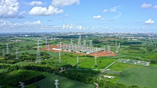 Power Grid Substation and Transmission Lines in Zhanjiang, Southern China - Aerial View of Electrical Infrastructure