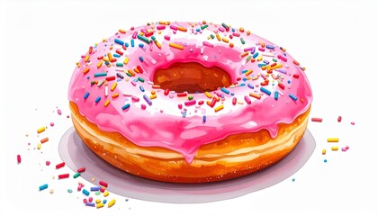 Single golden-brown donut with bright pink icing and colorful sprinkles on a plate, light background.