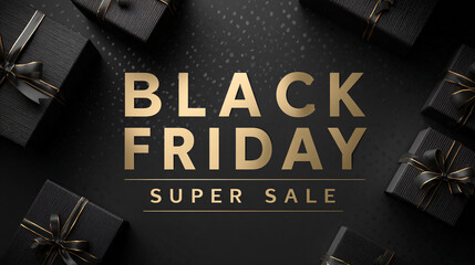 Elegant Black Friday super sale promotion with luxury gift boxes and golden text