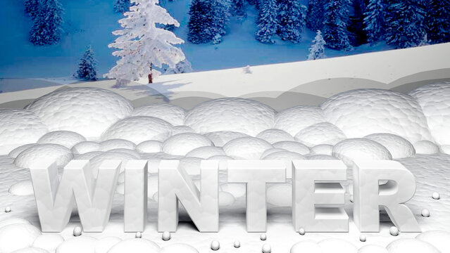 Winter realistic 3D banner. The word "WINTER" is written in snow against the backdrop of a cold winter pine forest. 3D render. Template for your projects. Author's work.